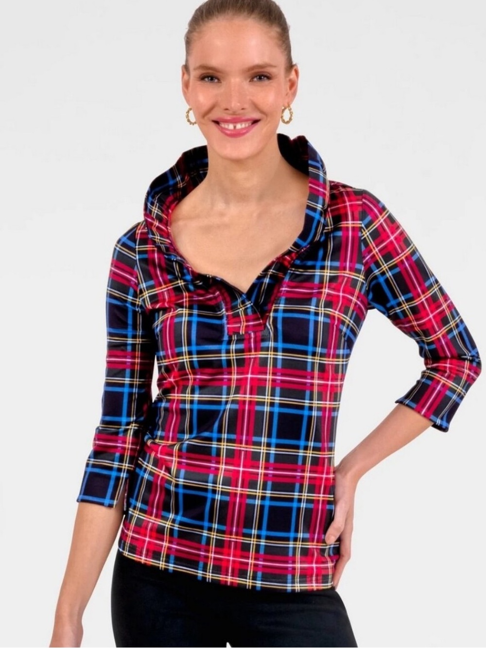 Gretchen Scott Goddess Red Multicolo Ruffneck 3/4 Sleeve Stewart Plaid Top Small